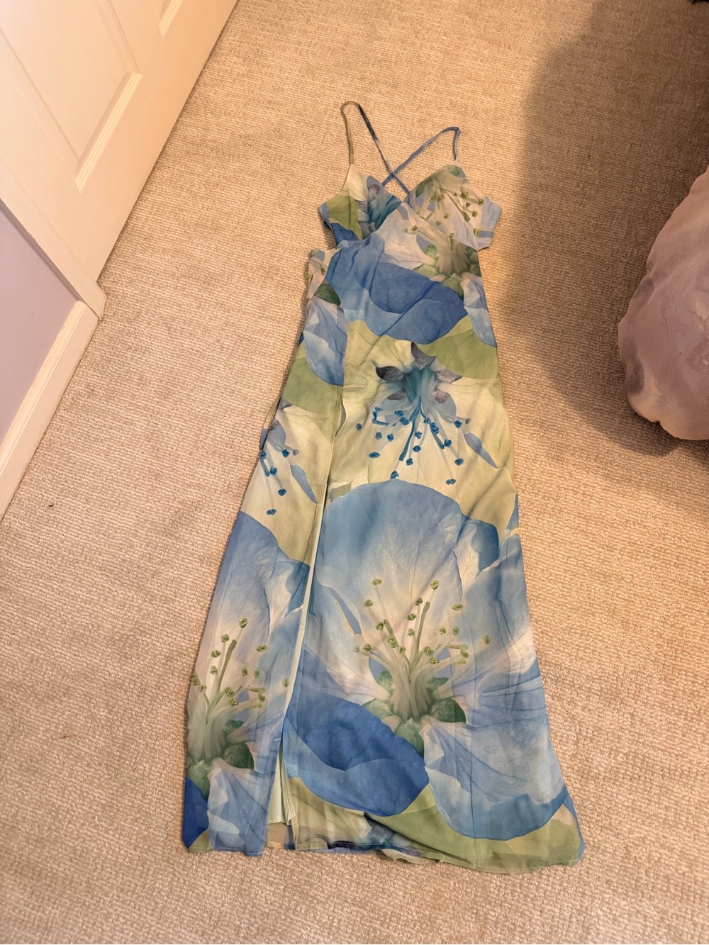 Peppermayo Blue Floral Slip Maxi Dress with Side Slit, comes with scarf - Picture 3 of 4